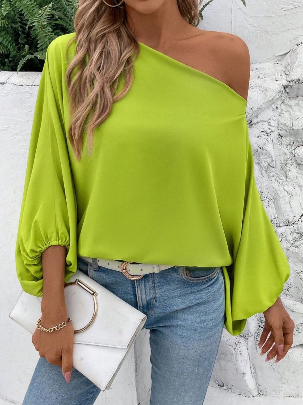 Green Casual Women's One Shoulder Batwing Sleeve Shirt With Floral Pattern